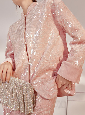 新中式国风缎面花朵亮片盘扣外套纯色轻奢气质宽松显瘦上衣