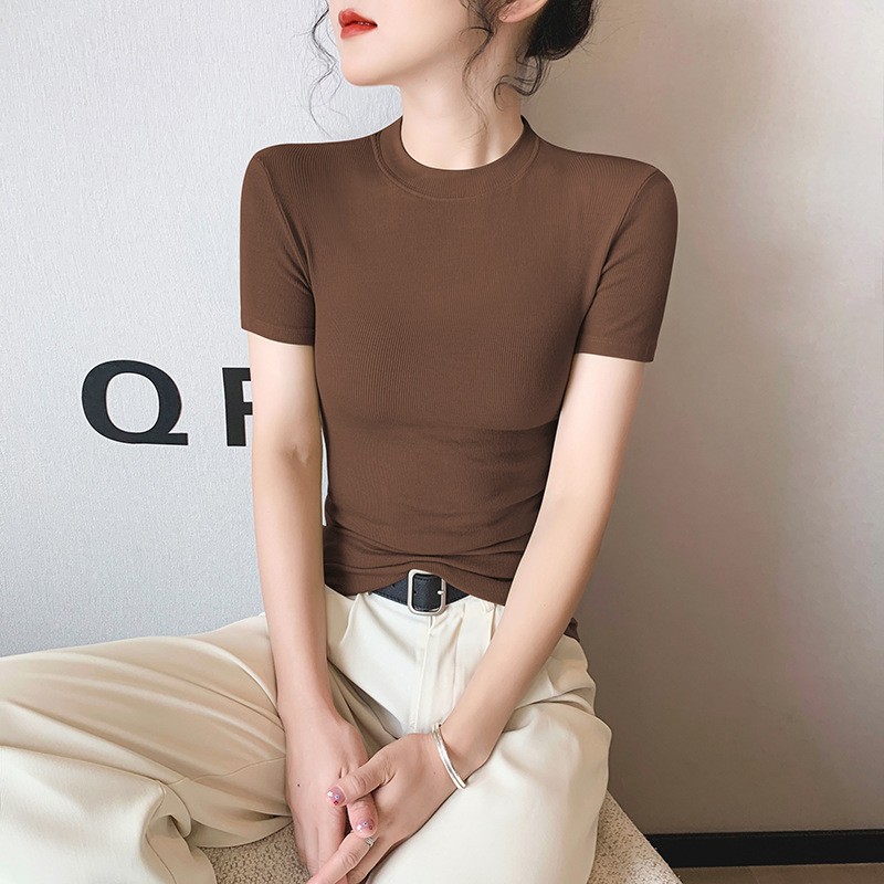 咖色小半高领T恤女短袖春夏新款紧身半袖百搭打底T恤上衣薄