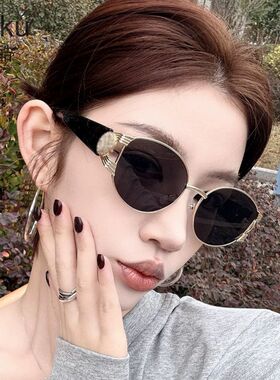 复古金属边椭圆大框猫眼墨镜女方