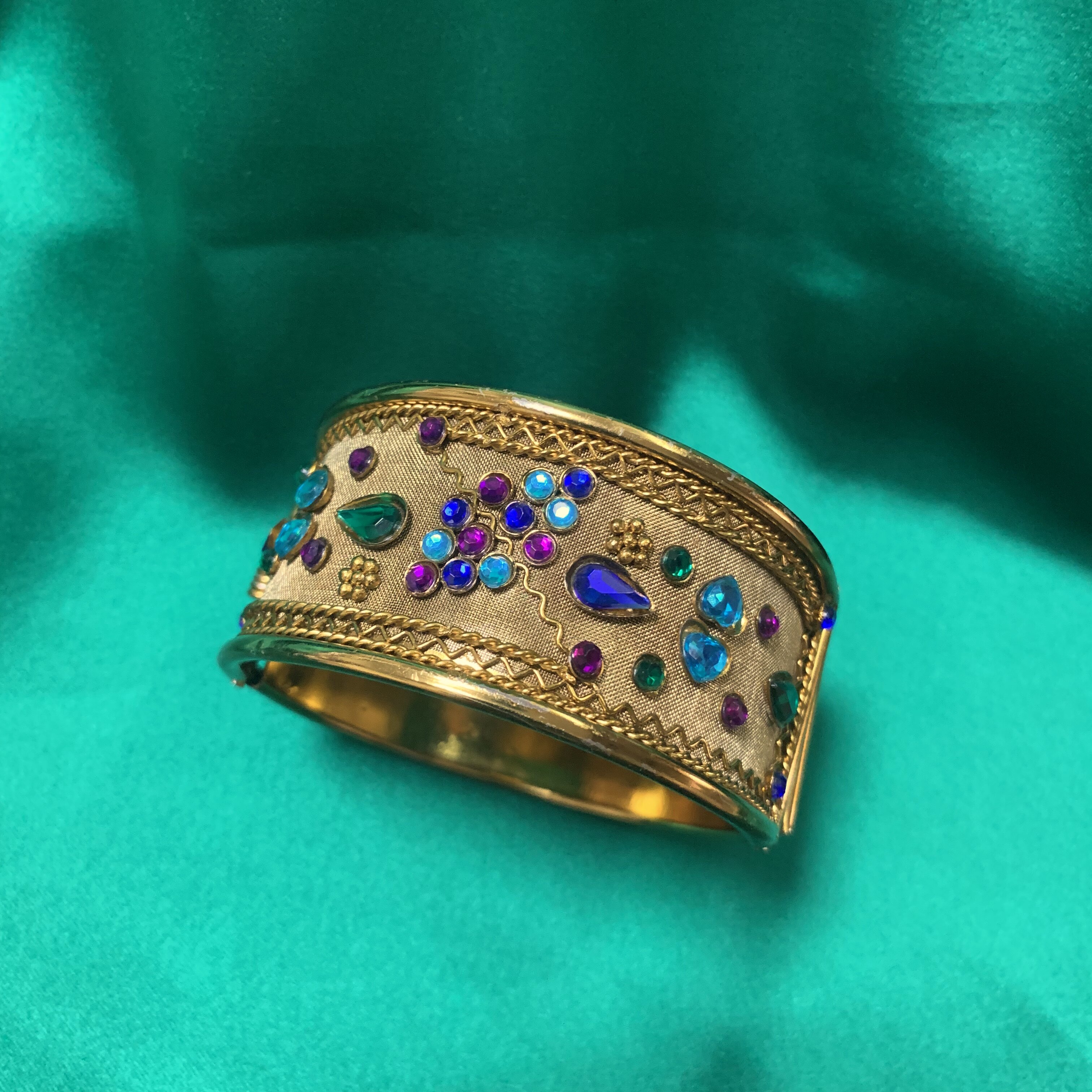 ky vintage 印度金风情手工莱茵石彩宝网纱开口手镯西洋复古饰品