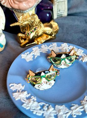 KY vintage LATR2GO 墨镜猫咪耳钉可动奶喵手绘牛珐琅小众设计师