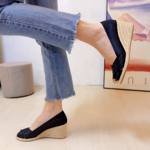 女夏季 中年套脚高跟鞋 新款 坡跟麻底黑色妈妈鞋 交叉鱼嘴鞋 出口凉鞋