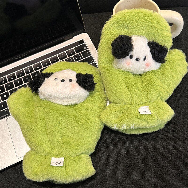 韩版软妹可爱小狗毛绒手套女登记冬天加绒加厚保暖挂脖骑行全指男