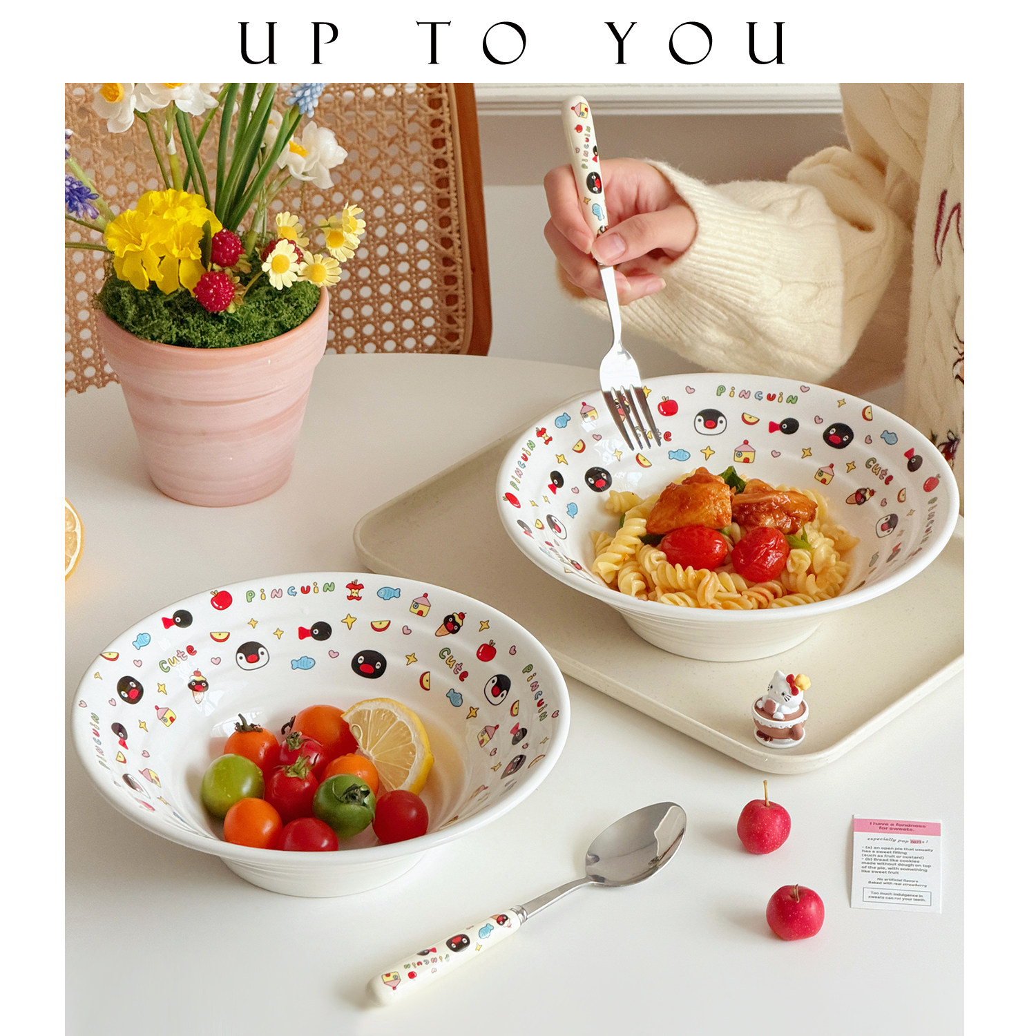 SHˇ手绘企鹅喇叭碗家用大容量拉面碗宿舍用雪人一人食汤碗带餐具,餐饮具,碗,淘宝优惠券,粉丝福利购,淘宝优惠卷