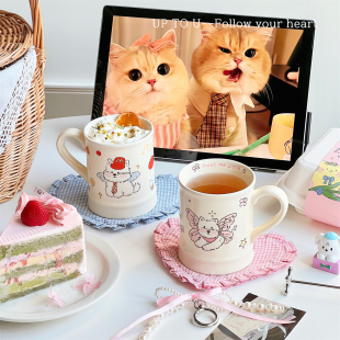 SHˇ可爱陶瓷杯ins情侣马克杯带盖设计感小众大容量水杯生日礼物