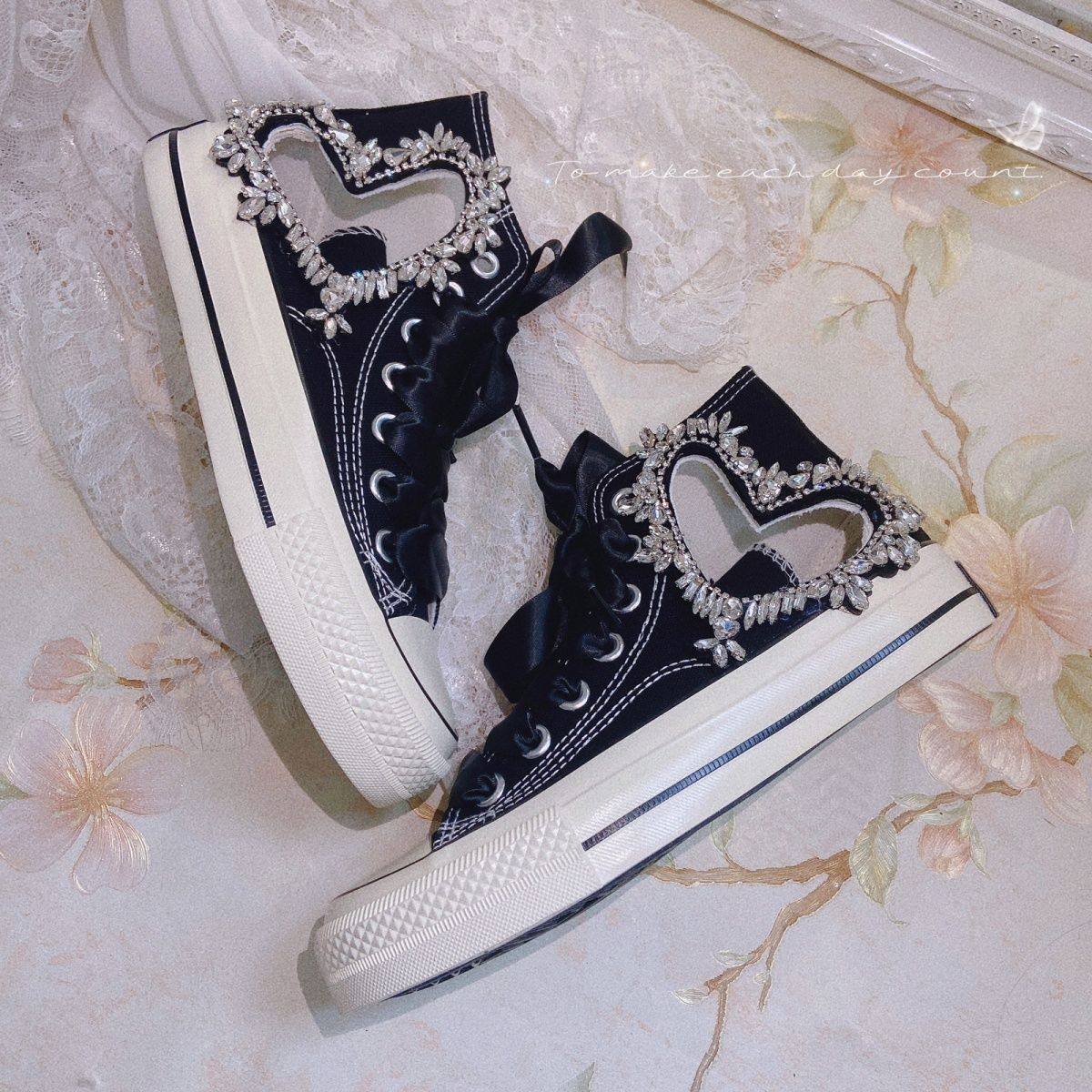 原创厚底松糕绑带黑白撞色女鞋重工镶钻流苏百搭运动帆布女鞋镂空