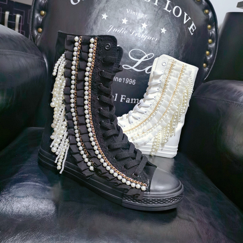 欧洲站重工奢华手工水钻高筒绑带帆布鞋内增高时尚百搭拉链小白鞋