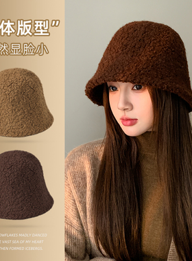 纯色毛绒针织渔夫帽女2025新款秋冬大头围显脸小保暖百搭水桶帽子