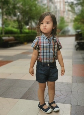 G*P婴幼儿短袖衬衫男女小童夏全棉连体衣爬服哈衣复古包屁衬衣