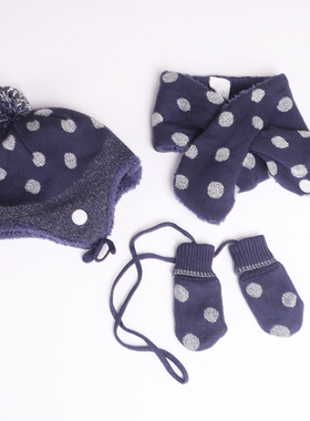 宝宝加绒帽子手套围巾套装女童冬季可爱保暖护耳帽挂绳手套组合