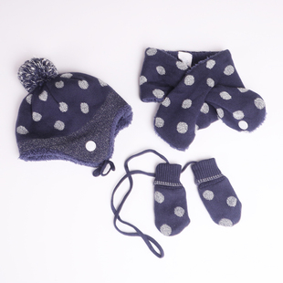 宝宝加绒帽子手套围巾套装女童冬季可爱保暖护耳帽挂绳手套组合