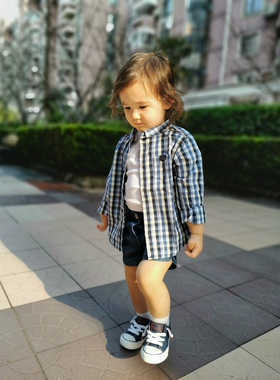 儿童长袖衬衫法单男女童全棉薄款舒适格子翻领衬衣2024春夏