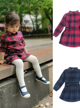 女童春夏连衣裙法单OK家长袖全棉衬衫裙洋气格子公主连身裙