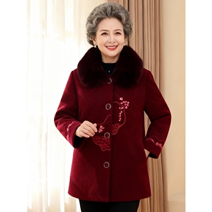 老太太毛呢外套加棉喜庆外套奶奶保暖秋冬装妈妈棉衣中老年女装