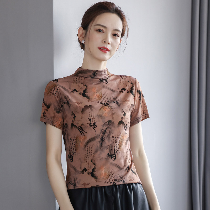 素丝五祁(100%桑蚕丝)中国风短袖真丝T恤女 半高领针织上衣妈妈装 - 实物图