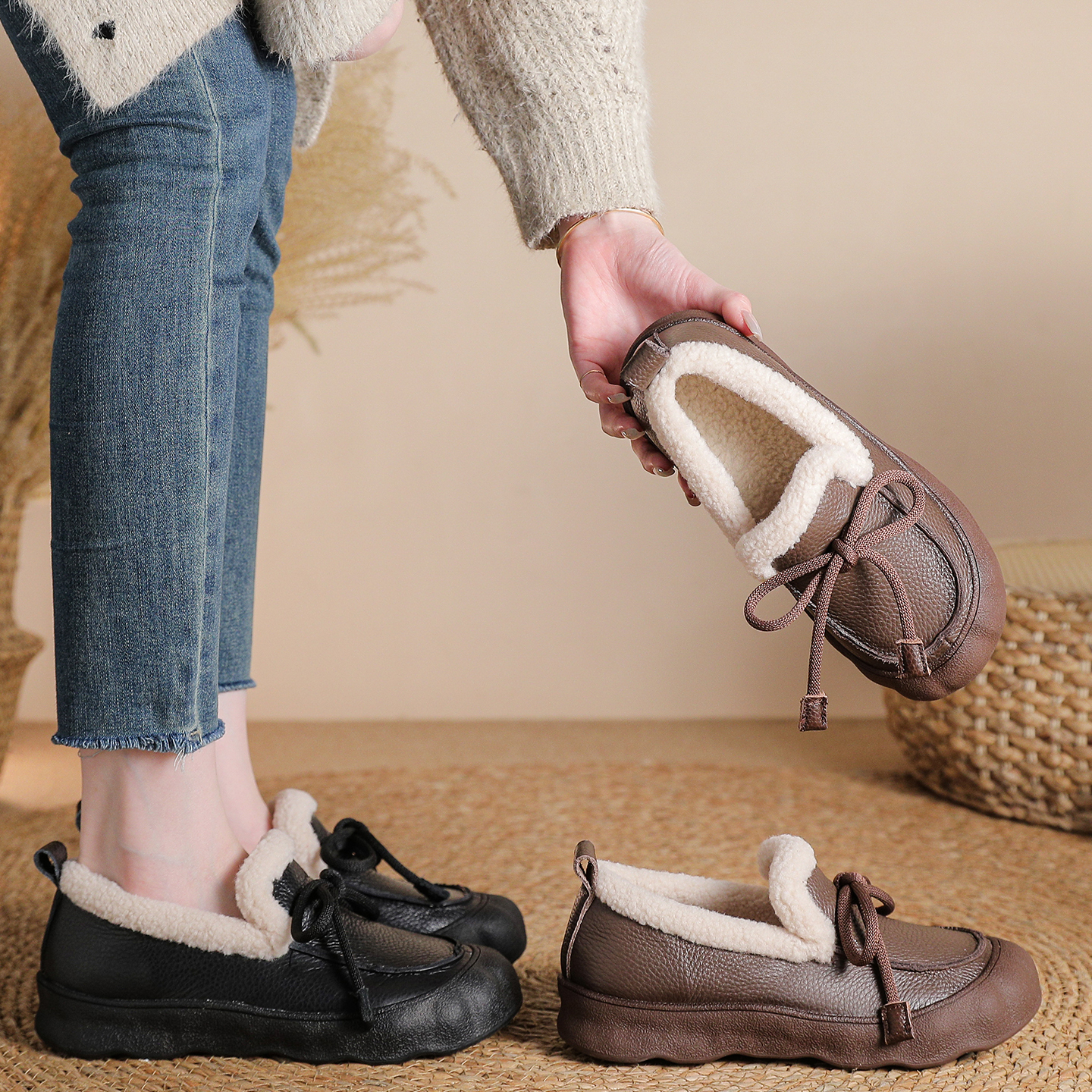 真皮加绒乐福鞋黑色小皮鞋女棉鞋