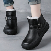 保暖加厚短靴 厚底妈妈鞋 冬款 真皮羊毛软面软底舒适百搭中年女棉鞋