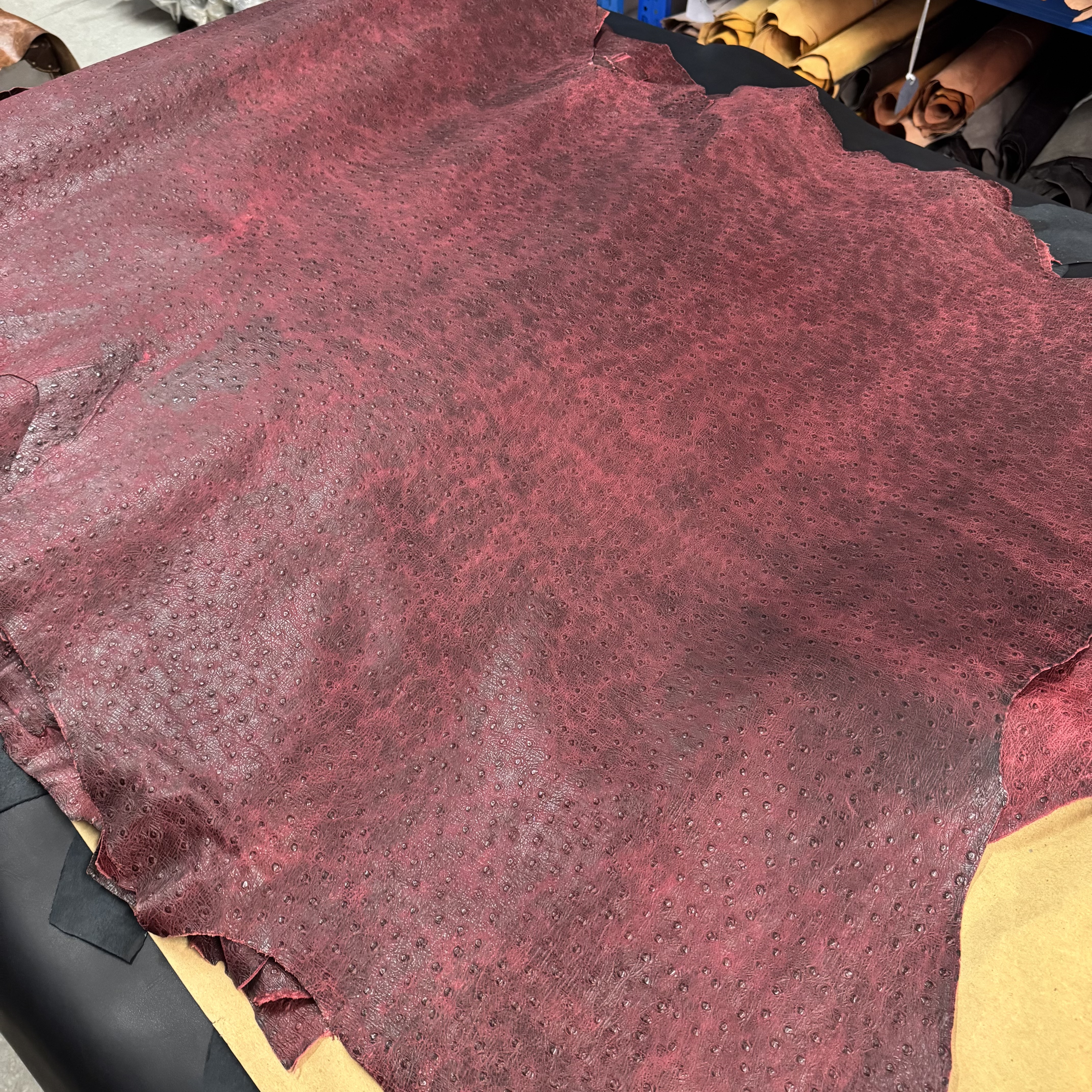 意大利小牛皮酒红色鸵鸟压纹1.0-1.2mm 钱包双肩包鞋子DIY皮料