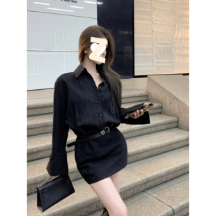 衬衫 黑色polo领长袖 连衣裙女春秋气质高级感裙子腰