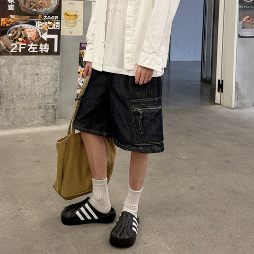 飞型记莱赛尔美式工装牛仔短裤男拉链口袋设计宽松百搭五分裤子