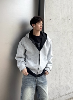 飞型记420g灰色连帽开衫男生2026新款春季百搭双拼色纯色外套上衣