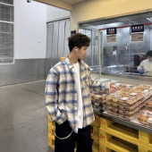 飞型记春季 宽松休闲翻领学院风潮流上衣 男长袖 美式 复古格子衬衫