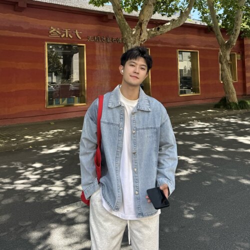 蓝色牛仔衬衫男2025春季新款