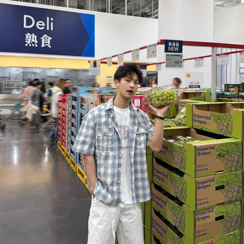 飞型记美式格子短袖衬衫男2026新款夏季全棉慵懒百搭宽松休闲衬衣