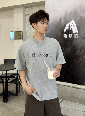 飞型记灰色重磅t恤男夏季美式复古cleanfit短袖刺绣印花潮牌半袖