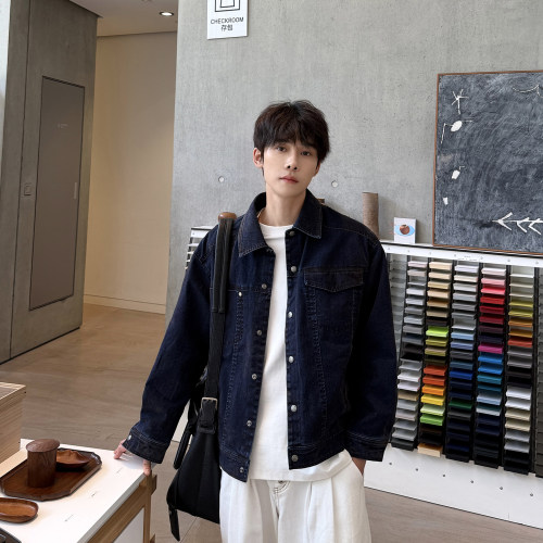 飞型记莱赛尔休闲牛仔外套男翻领明线夹克宽松百搭潮重磅水洗上衣