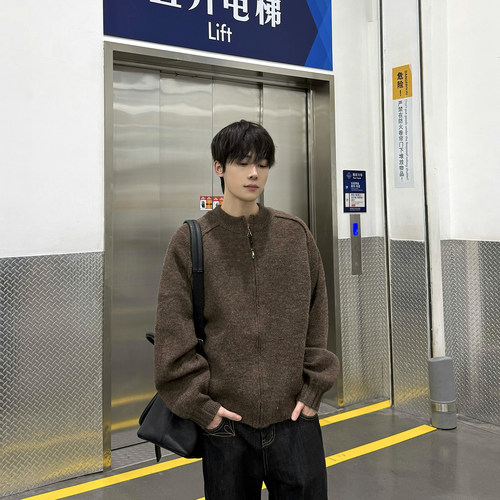 飞型记复古风半拉链羊毛立领针织衫男宽松百搭高级感开衫毛衣外套