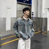 飞型记美式 复古多口袋牛仔外套秋季 宽松撞色翻领宽松休闲夹克上衣