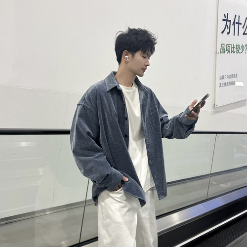 飞型记明线双口袋设计感水洗重磅长袖蓝色衬衫男厚款内搭衬衣