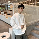 t恤男基础款 2025秋季 新款 飞型记400g纯棉白色长袖 宽松流行打底衫