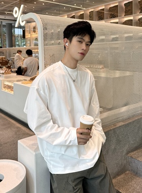 飞型记400g纯棉白色长袖t恤男基础款2025秋季新款宽松流行打底衫