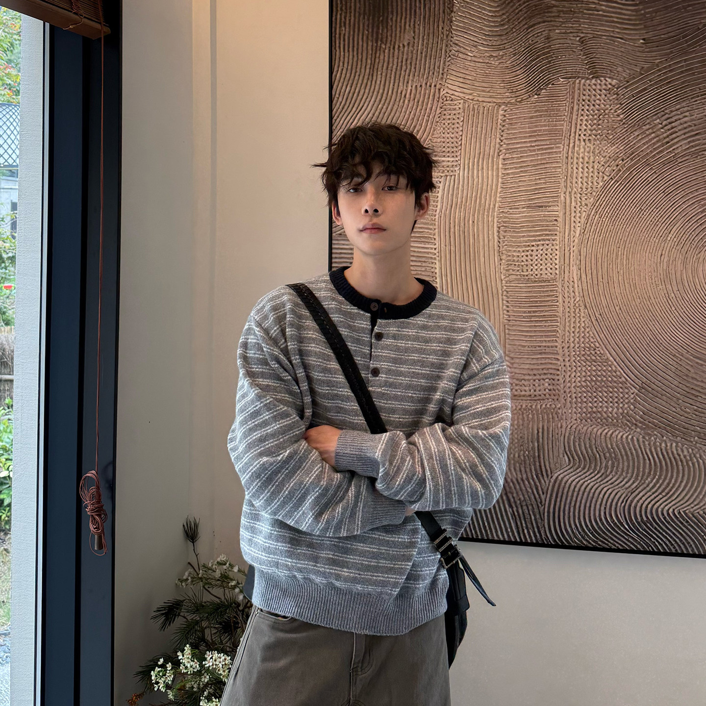 飞型记撞色设计绵羊毛亨利领条纹毛衣男宽松慵懒风套头针织衫上衣
