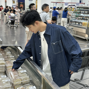 飞型记蓝色牛仔衬衫长袖男生2025秋季百搭纯色外套休闲上衣衬衣