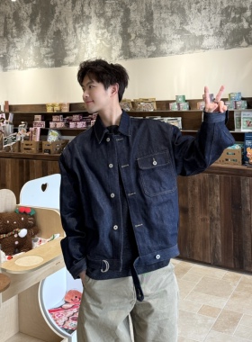 飞型记美式复古单宁原牛深蓝色牛仔外套男短款宽松翻领夹克外套