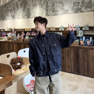 飞型记美式复古单宁原牛深蓝色牛仔外套男短款宽松翻领夹克外套