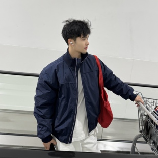 飞型记藏青色立领短款飞行员夹克冬季加厚复古宽松保暖羽绒服外套