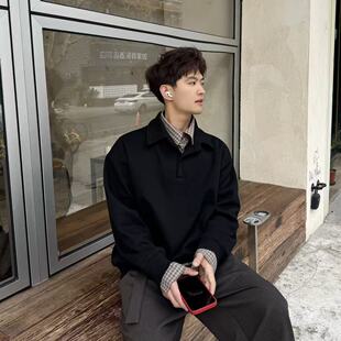 慵懒极简风上衣 卫衣男重磅长袖 飞型记假两件美式 风黑色翻领polo衫