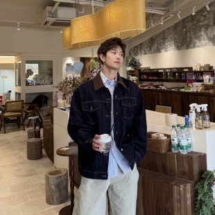 飞型记原色牛仔夹克男2026春季 简约上衣 撞色灯芯绒翻领外套美式