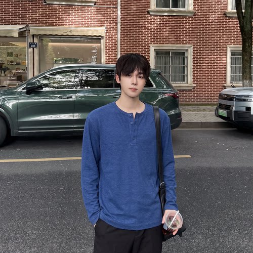 飞型记复古老钱风宝蓝色亨利领长袖T恤男秋季羊毛打底衫宽松上衣