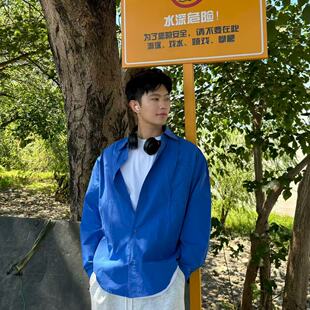 翻领休闲时尚 飞型记蓝色长袖 新款 男2025秋季 衬衣宽松外套流行 衬衫