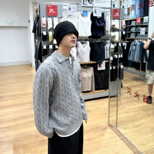 飞型记polo老钱风半拉链花纹麻花毛衣男秋季翻领套头针织衫上衣