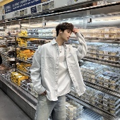 飞型记重磅潮流牛仔衬衫 男宽松长袖 休闲上衣白灰色翻领衬衣外套