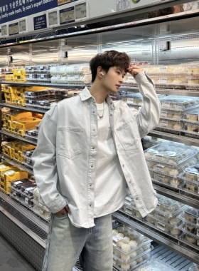 飞型记重磅潮流牛仔衬衫男宽松长袖休闲上衣白灰色翻领衬衣外套