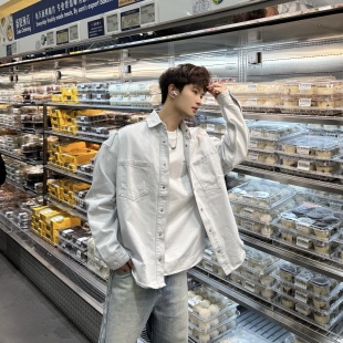 飞型记重磅潮流牛仔衬衫 休闲上衣白灰色翻领衬衣外套 男宽松长袖