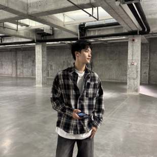 上衣 男女日系宽松纯棉衬衣流行秋季 飞型记复古黑白格子长袖 衬衫