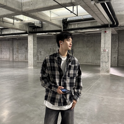 美式复古格子衬衫男款秋季